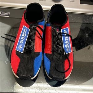 Adidas Black, Red, and Blue Athletic Shoes